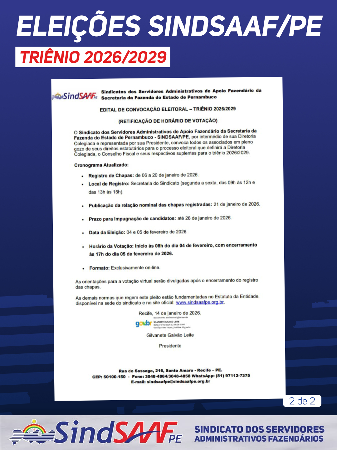 Retificação no Edital da Eleição do Sindsaaf-PE 